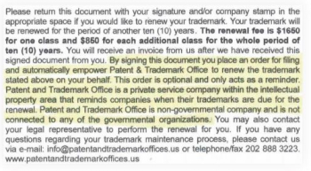 Example of fine-print invoice language like “this is not an invoice but a solicitation without an obligation to pay” or a note that the continued protection of your mark is for registration in a private or proprietary database and not as part of a governmental program