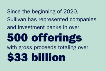Since the beginning of 2020, Sullivan has represented companies and investment banks in over 500 offerings with gross proceeds totaling over $33 billion